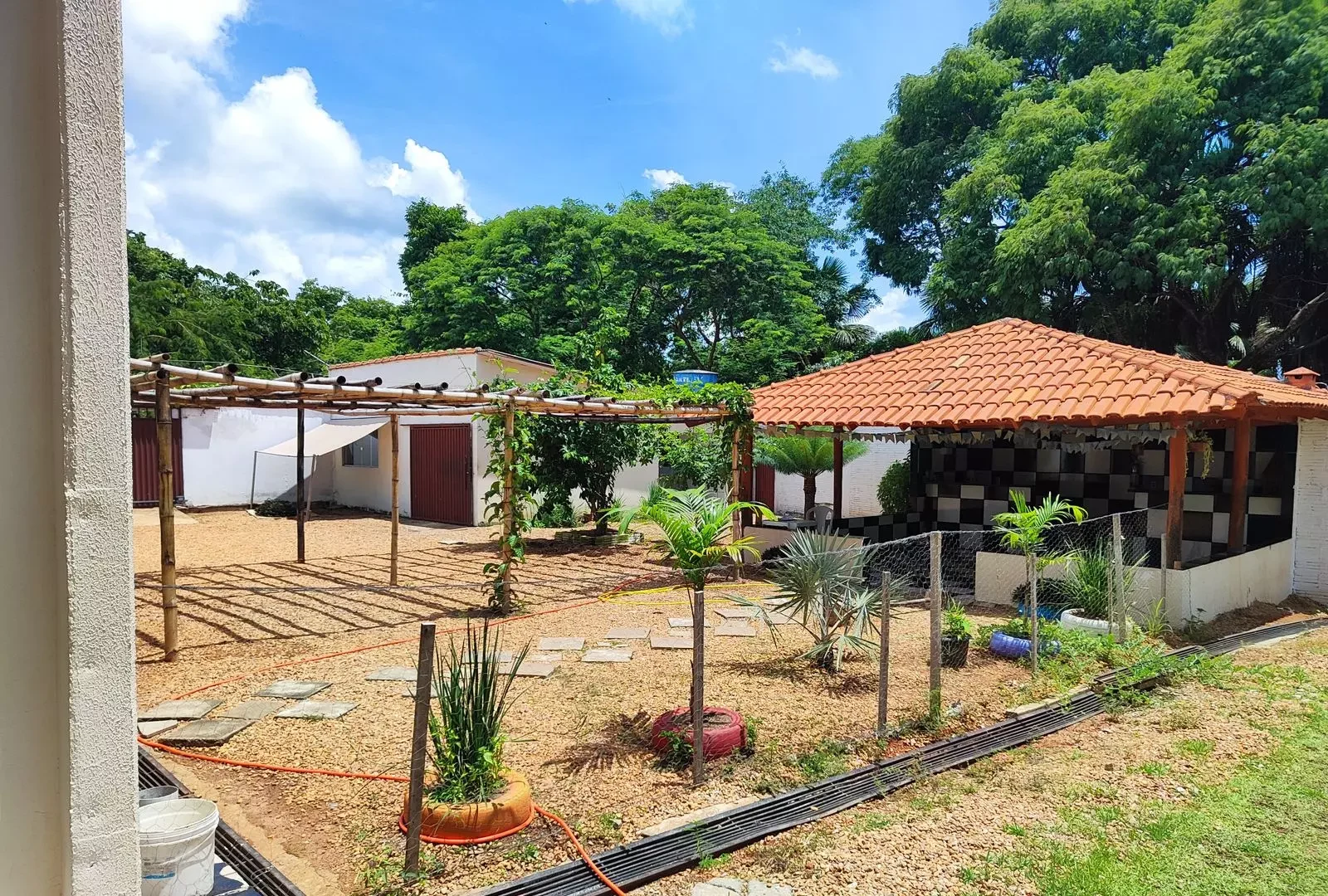 Pátio ajardinado com pergolado e área coberta de convívio em clínica de recuperação